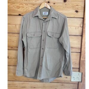 Private Property Mens Tan Khaki Long Sleeve Button Down Work Shirt Made in USA